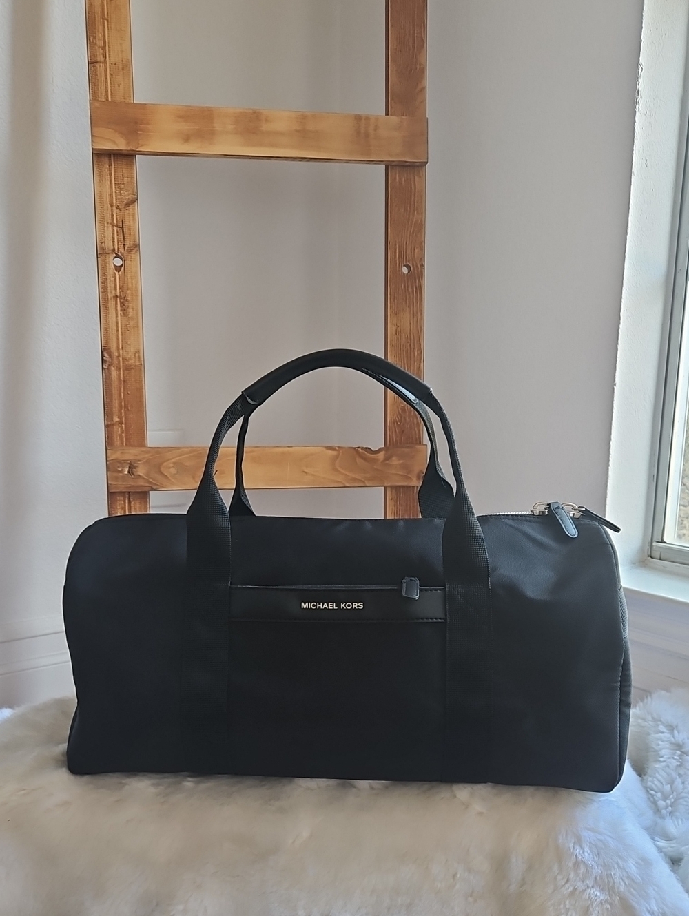 Michael Kors Black Nylon Duffel Bag with Logo Trim/ Gym Bag/ Travel Bag